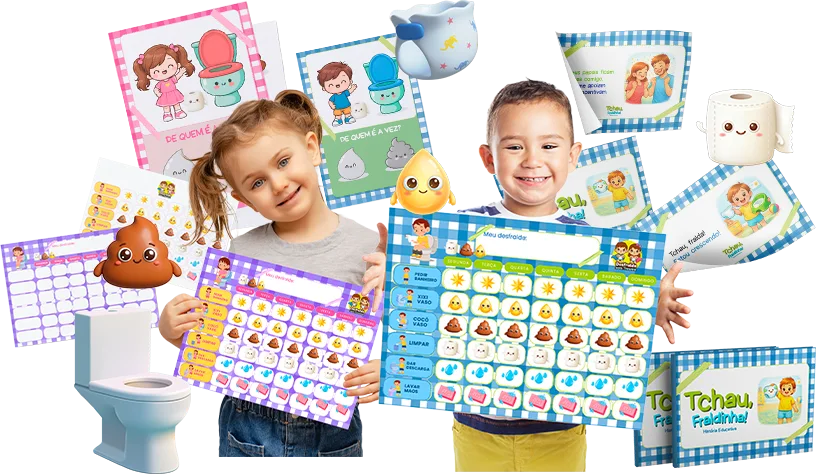Crianças segurando quadros de rotina ilustrados